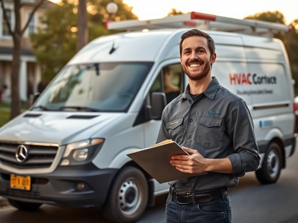 HVAC technician in uniform standing in front of a service van