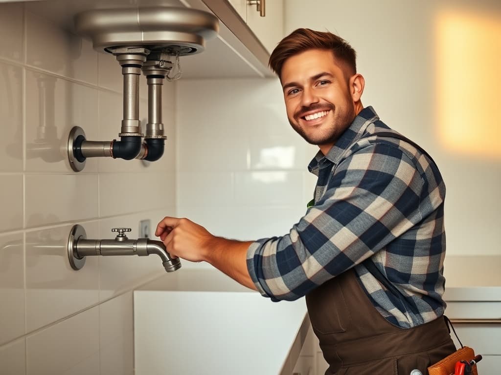 Professional plumber at work on residential pipes