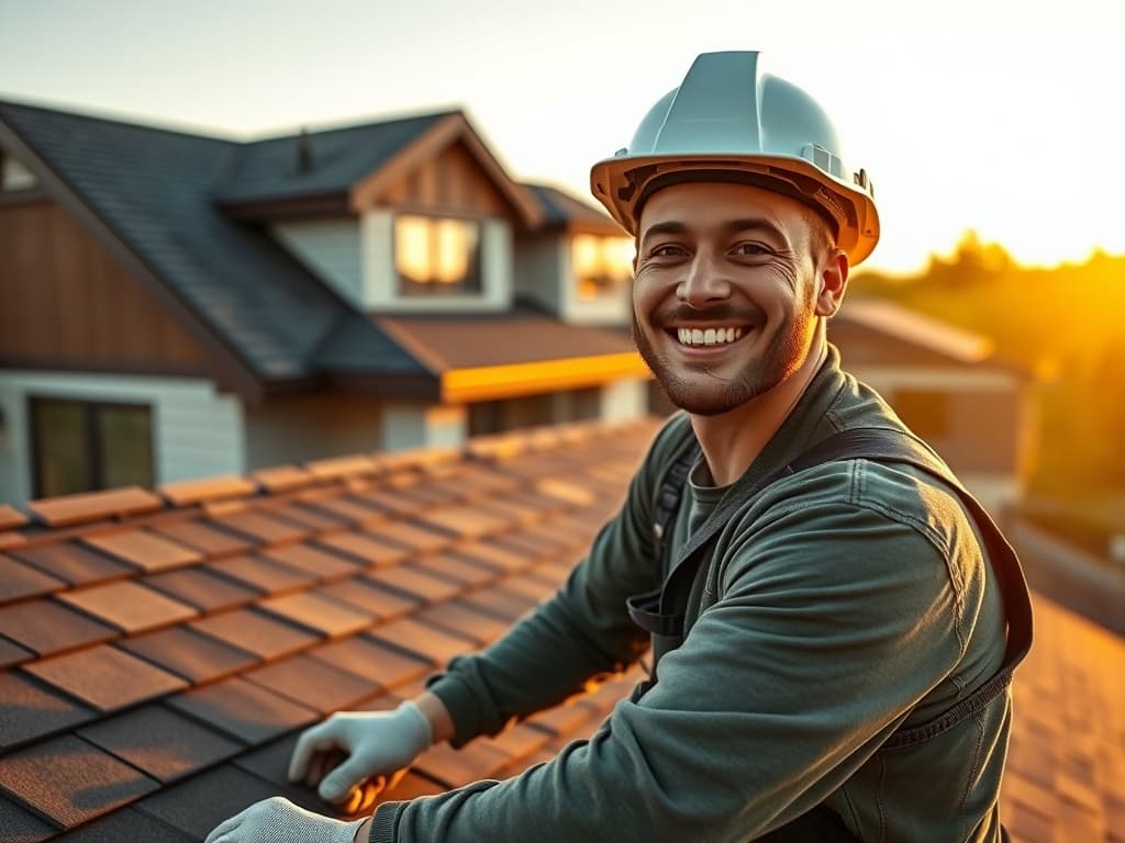 Roofing crew member in hard hat on a residential rooftop